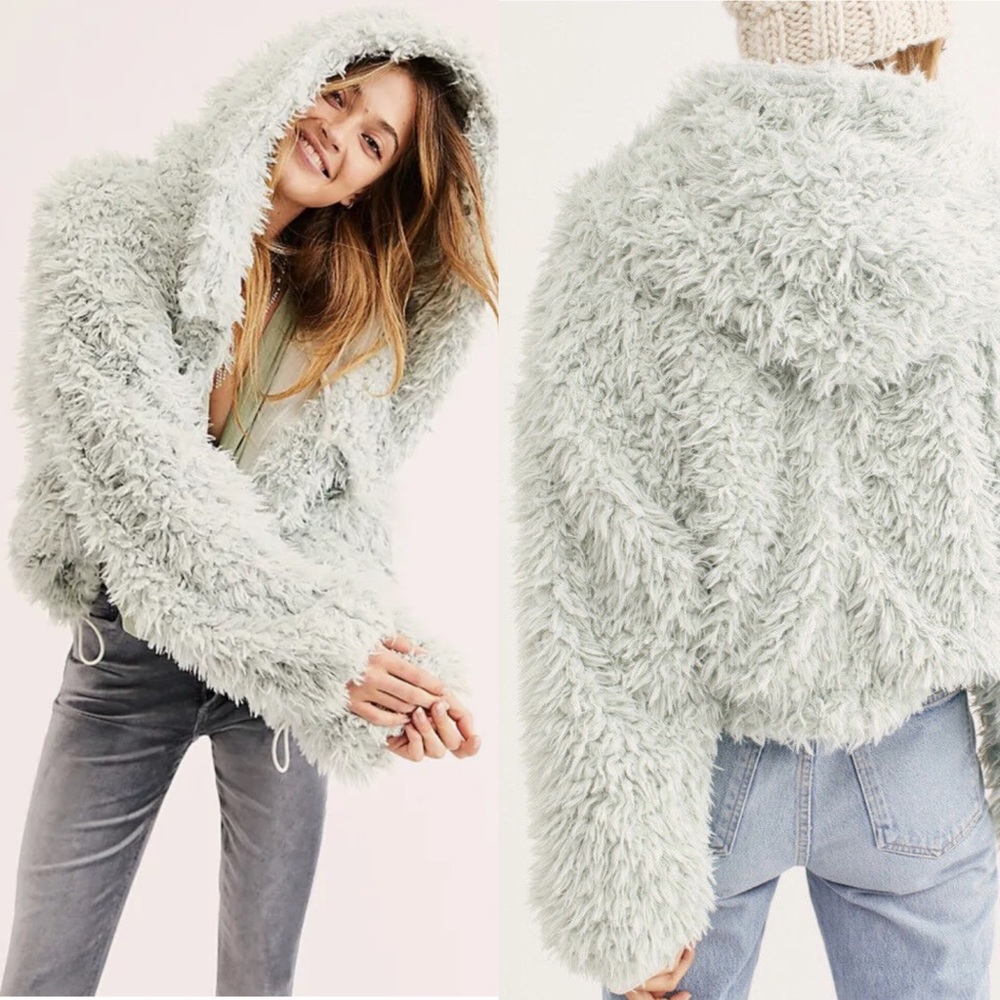 FREE PEOPLE FP ONE ZURI Parka Fuzzy Faux Fur Jacket Hoodie Coat Mint M